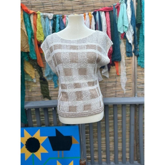 Vintage 80s Beldoch Popper Italy Knit Top Tan White Check Sleeveless - Picture 9 of 9